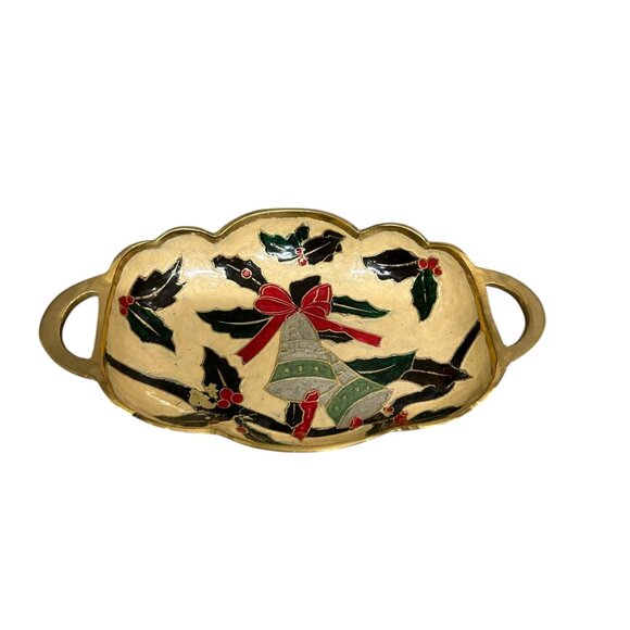 Vintage Enamel on Brass Christmas Bell with Holly Trinket Tray - Picture 6 of 6